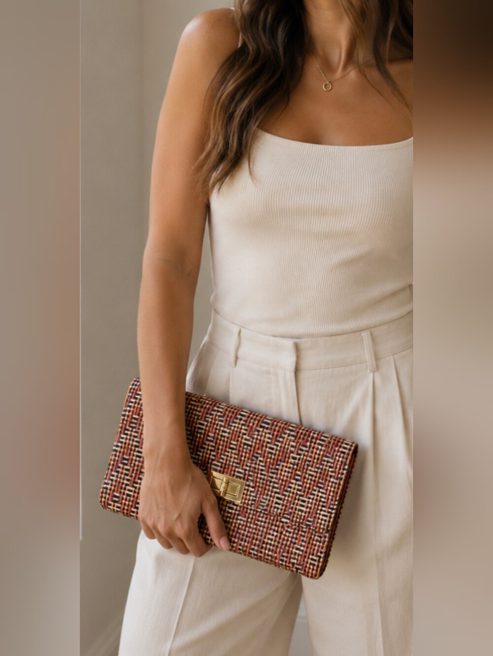 Woven Straw Envelope Clutch in Multi Brown